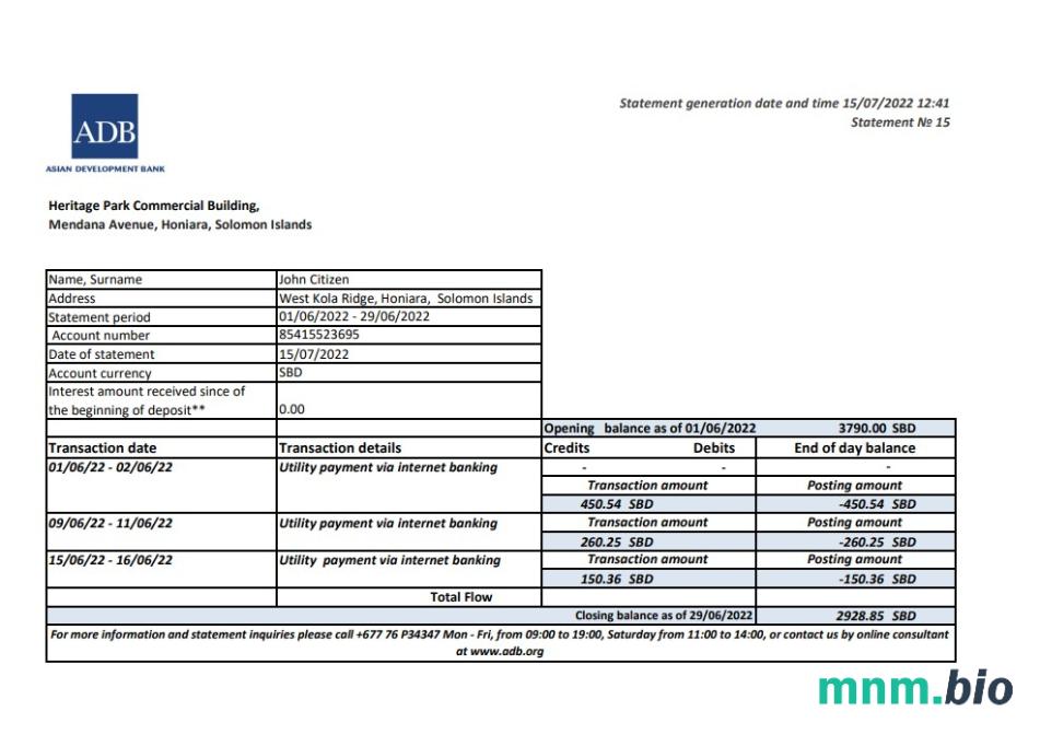 Wyciąg bankowy ADB z Wysp Salomona, szablon Excel i PDF